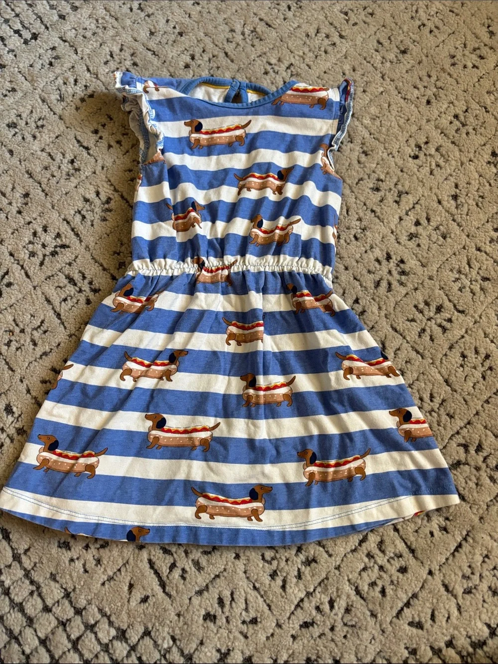 Mini Boden Girls Blue & White Striped Dress with Hot Dog Dachshund Print sz 4-5T